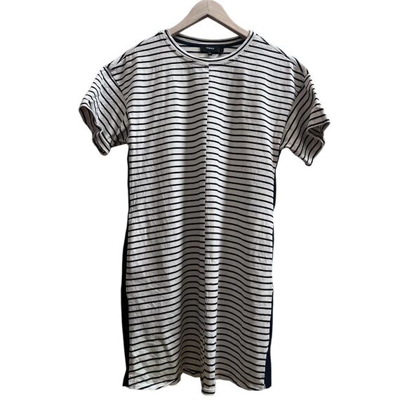 Theory Cream Blue Relaxed Fit Striped Combo Pocket Shift Shirt Dress Size Medium - Picture 4 of 12